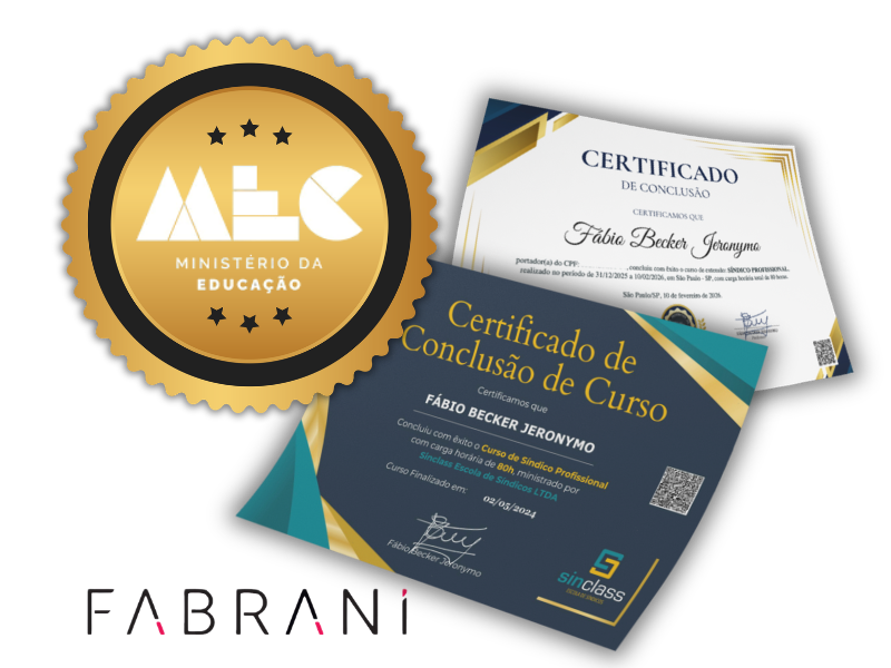 Certificado de conclusão do Curso de Síndico Profissional da Sinclass, com certificação emitida pela Faculdade Fabrani, instituição de ensino superior credenciada pelo MEC.